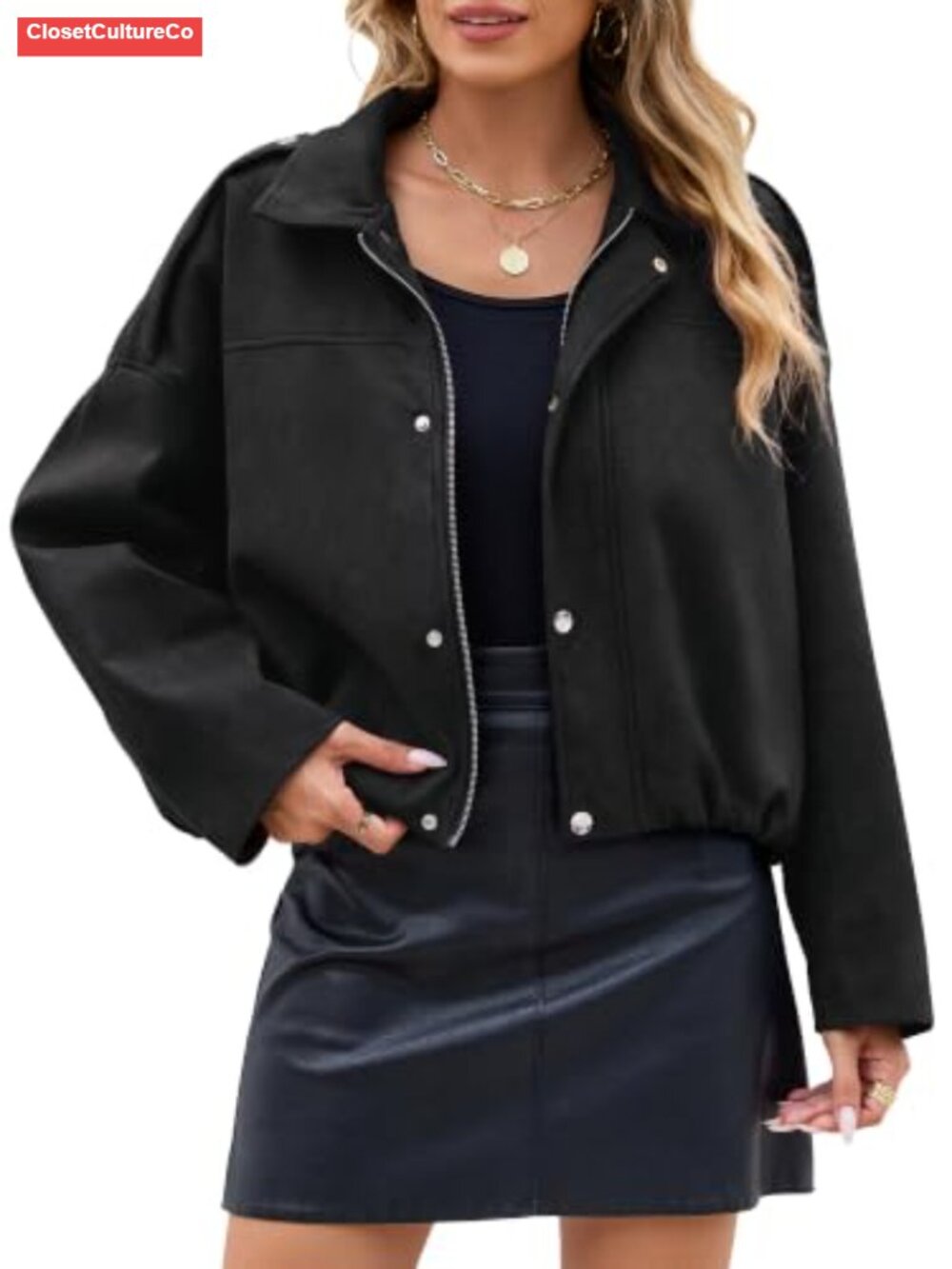 Faux Suede Cropped Bomber Jacket Oversized Drop Shoulder Zip Up Casual